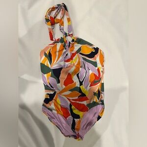Anne Cole Colorful Leaf Print Swimsuit One Piece Size 14 Purple Orange Green